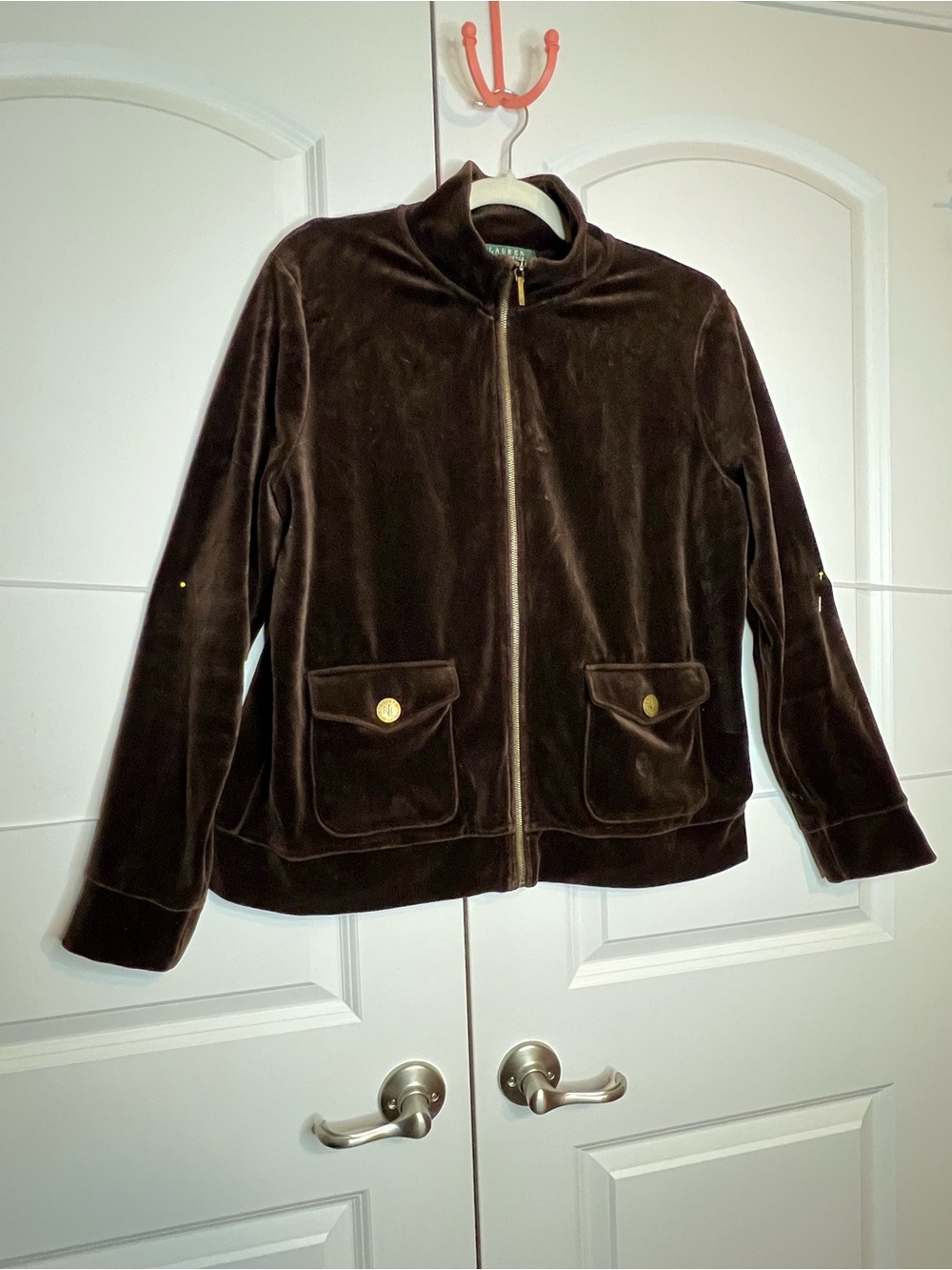 Lauren Ralph Lauren Brown Velour Jacket XL Gold RL Buttons Full Zip - Picture 4 of 7